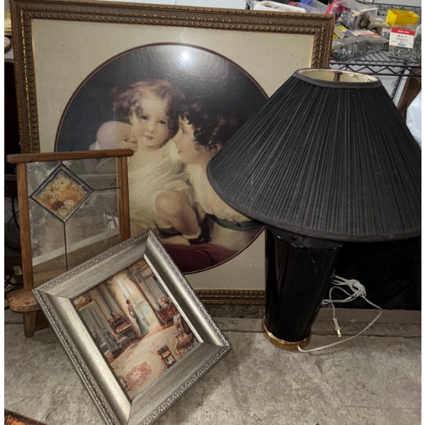 Framed Art Prints w/ Decor Mirror & Black Lamp