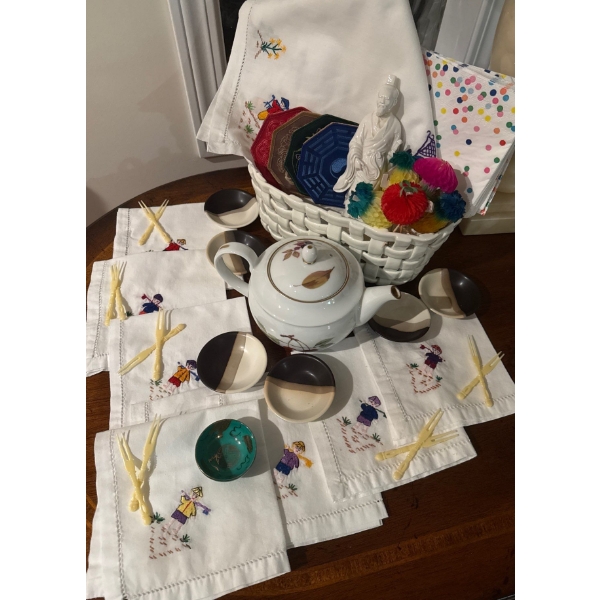Vintage Linens Featuring Embroidery & Cross Stitch Pottery Sauce Cups Porcelain Tea Pot & More 