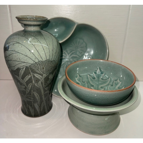 Vintage Thai Celadon Pottery Collection - Vase Pedestal Dish Gourd Bowl & More 