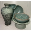 Image 1 : Vintage Thai Celadon Pottery Collection - Vase Pedestal Dish Gourd Bowl & More 