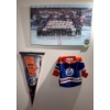 Image 1 : NHL Hockey's Edmonton Oilers Mini Jersey, Flag & 25 year Mounted Photo  29x16"t