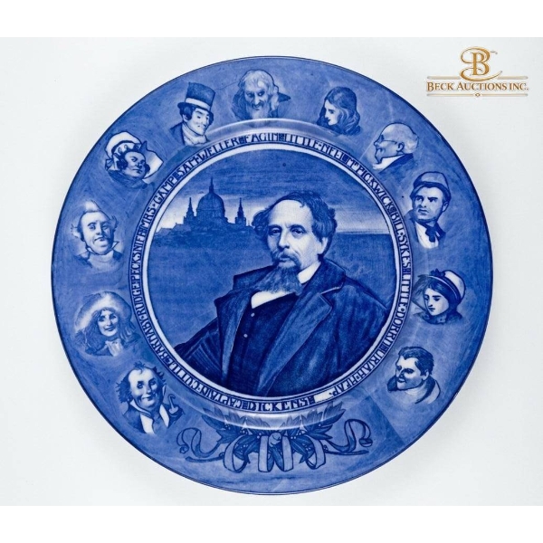 Three Decorative Plates, Including Charles Dickens Portrait, Blue Floral, and Scalloped Floral