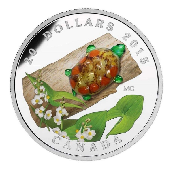 2015 $20 Venetian Glass Turtle with Broadleaf Arrowhead Flower in Murano Glass - Pure Silver Coin