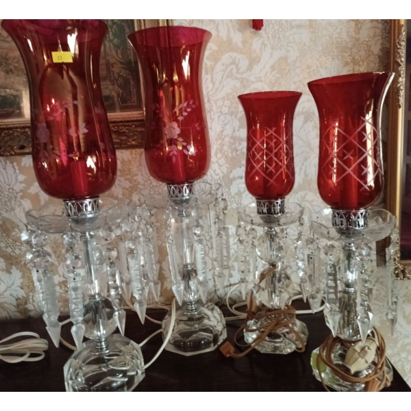 Antique Cranberry Glass Bohemium Mantle Lustre Hurricane Lamps - Set of 4, Tallest is 20T