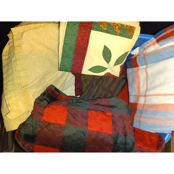 Bin of Linens, Blankets, etc 
