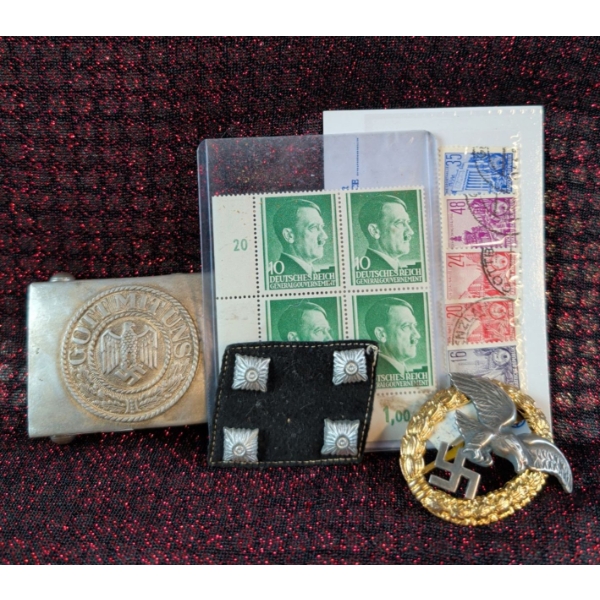 WWII German Stamps, Belt Buckle, Swastika with Nazi Eagle Pin, and More