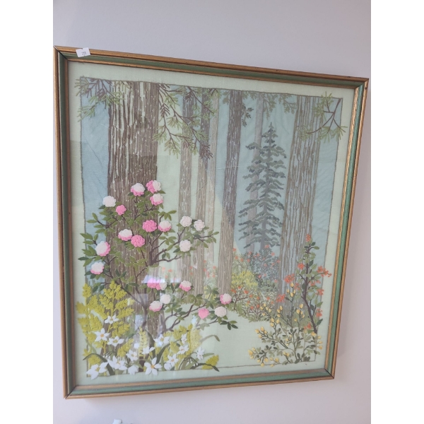 Framed Needlepoint of Flowers in Forest  23 X 26