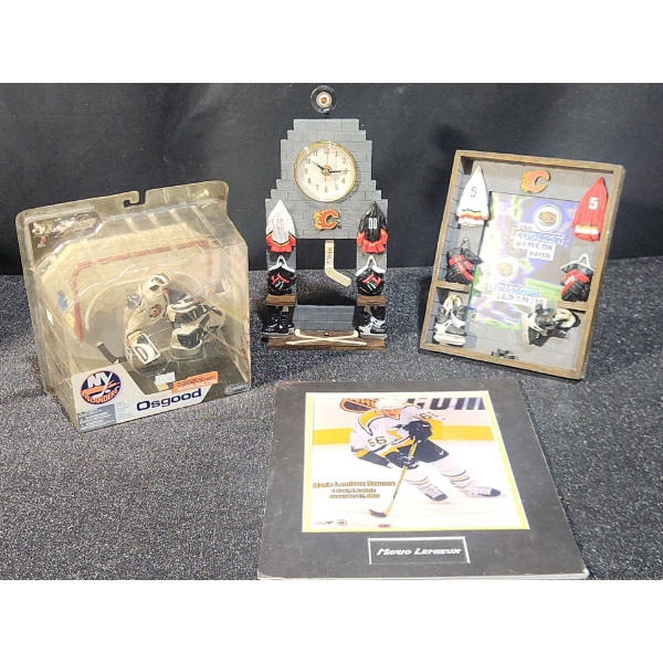Calgary Flames Frame and Pendulum Clock, NY Islanders Goalie Collectible, Mario Lemieux Photo