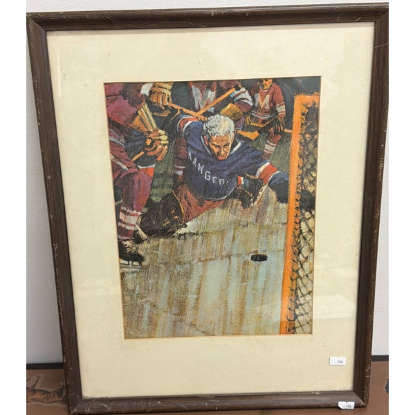Framed Artwork Depicting Lester Patrick Playing Goal For The New York Rangers, 16" x 20"