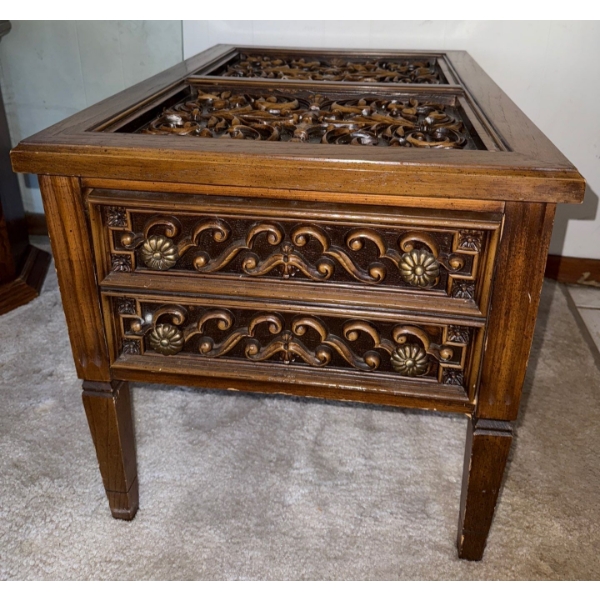 Mid Century Spanish Style Carved Wood End Table 18x21x16