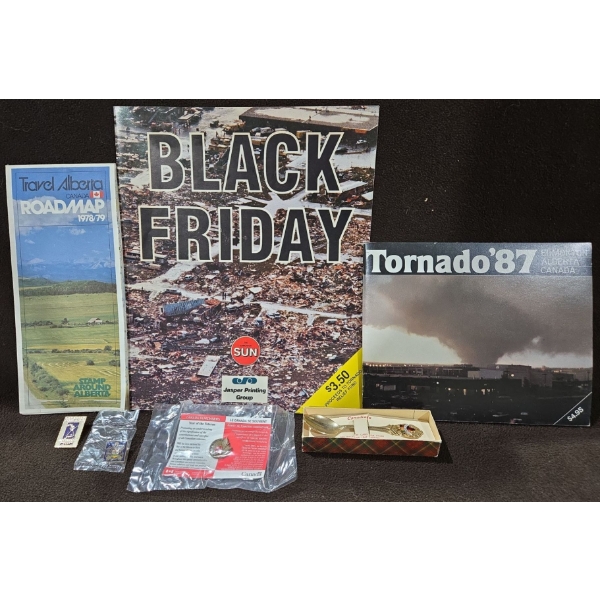 1987 Tornado Edmonton Book + Black Friday 1987 Edmonton Sun Article + Roadmap, Pins & Mini Spoon