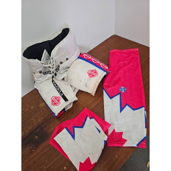 Tackla Ice Hockey Pants and Accessories with Red and White Design