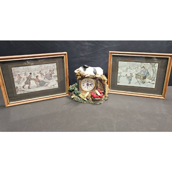 Framed Anton Peck Prints and Pig Motif Table Clock