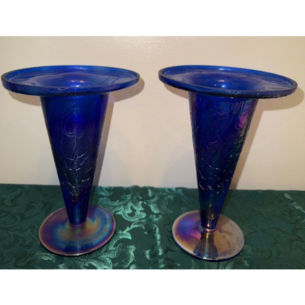 Loetz Mimosa Blue Carnival Deep Crackle Trumpet Vases (2)
