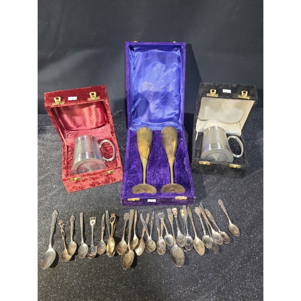 Pewter Steins 4.5 T w/ Boxes, Brassware Flutes 9.5 T w/ Box, and Souvenir Spoons