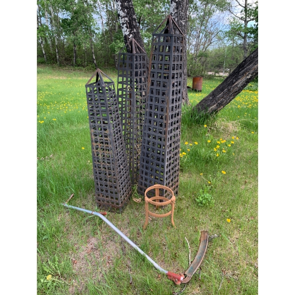 Six Metal Garden Trellises with Scythe and Decorative Metal Stand