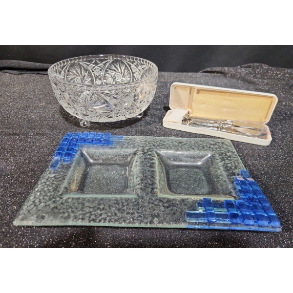 Cut Crystal Bowl with Art Deco Trivet Tray and Chestnut Tools Cheese Knives and Markers