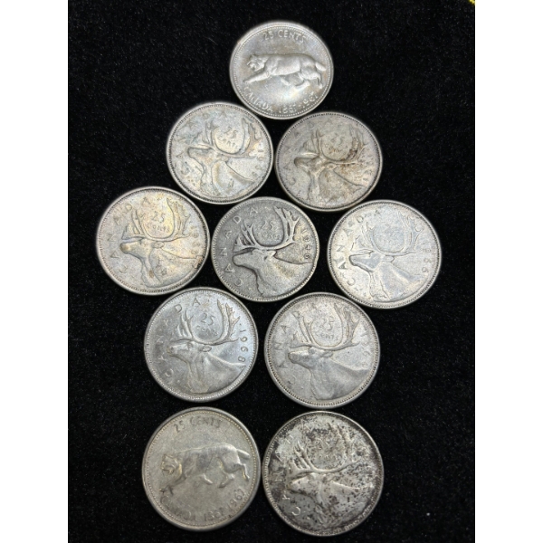 Silver Canadian Quarters x10 variety of dates .800 58.1 g
