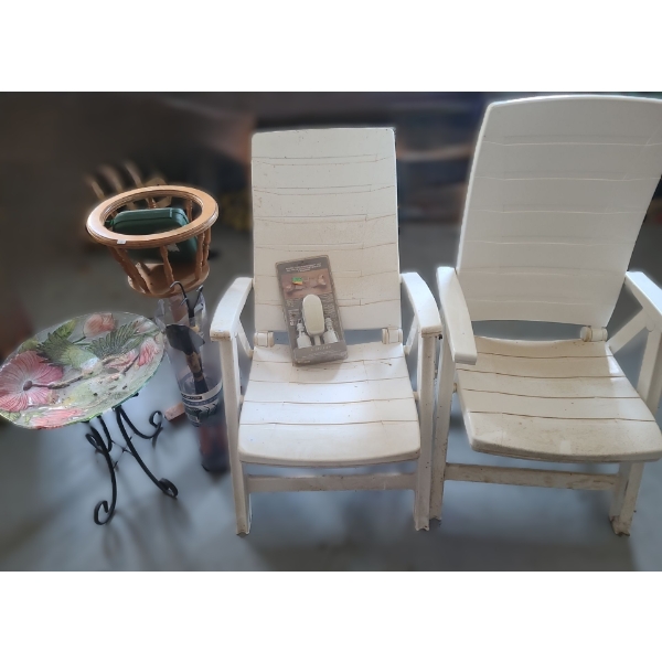 Birdbath 18" Top, 22 h, Plant Stand 13" Top, 33 h, White Patio Chairs 24 w, 24 d, 42.5 h and More!