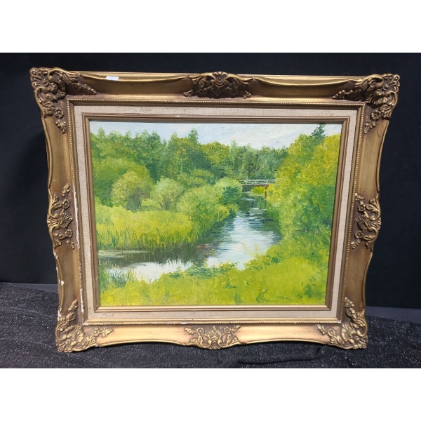 Painting of Faraway Bridge, Artist: Thomas Crane, Framed 26 X 22