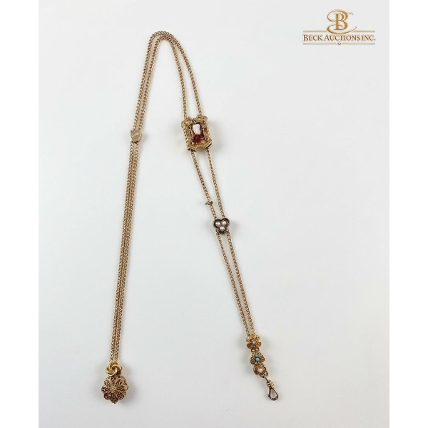 Antique Victorian-Era Muff Slide Watch Chain Gem-Set And Small Pearl Gold Plated