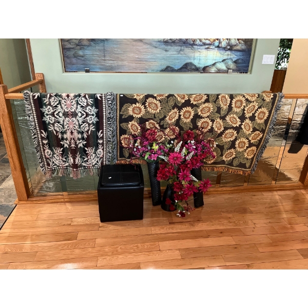 2  Floral Tapestries With `Assortment Of Artificial Flowers With Basket & Small Foot Stool 15 X 15 X