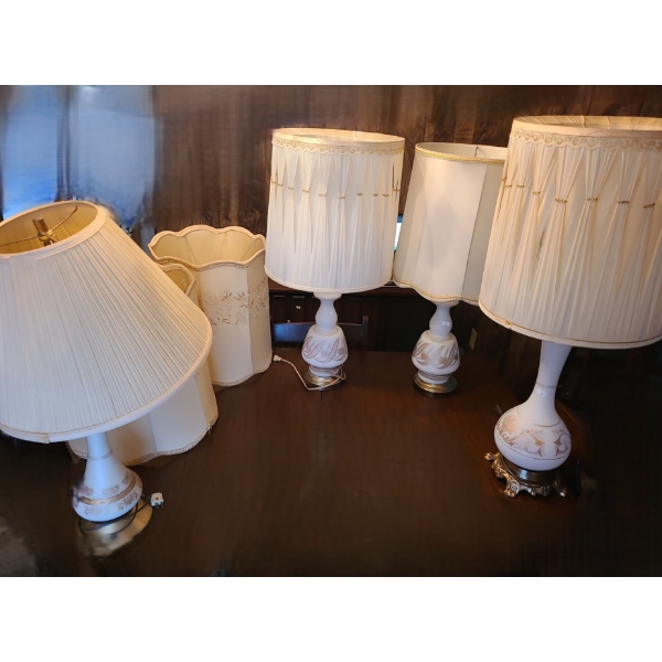 Set of White Glass Lamps with Gold Design, Includes 2 Extra Lampshades, Tallest 32 T