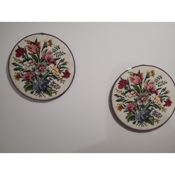 Pair of Needlepoint Flowers 13.5" Diameter 