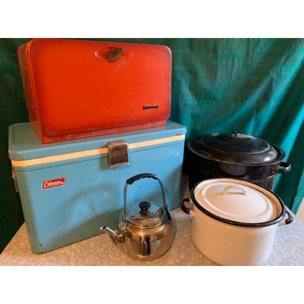 Vintage Coleman Cooler, bread box, tea kettle, enamel pot and canner