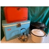 Image 1 : Vintage Coleman Cooler, bread box, tea kettle, enamel pot and canner