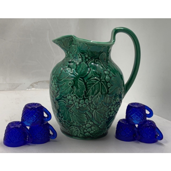 Cobalt Antique Cups w/ Wedgewood (Etruria + Barlaston) Green Grapeleaf Pitcher 8T