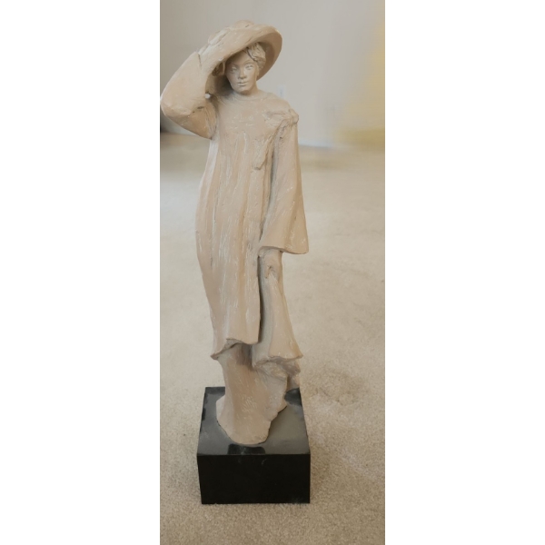 Austin Production Plaster Resin Statue of Woman Wearing Hat 6 W, 5 D, 24 T (Including Base)