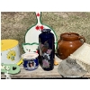 Image 2 : Lovely rod iron basket filled with fake fruit, a vintage metal cake, tin variety of glass jars 