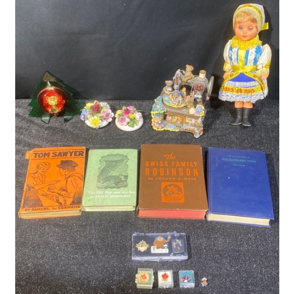 Vintage Classics Including Huckleberry Finn and Tom Sawyer, Porcelain Flowers, Music Box and More 