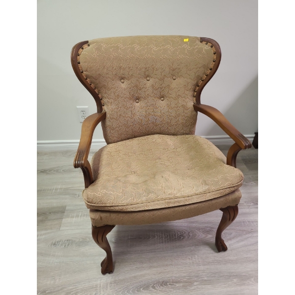 Wooden antique chair with tan upholstery - 23W, 34T, 18D 