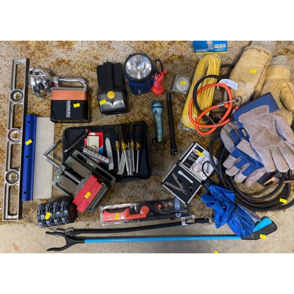 Garage Goodies - Booster Cables Flash Lights Winter Work Gloves & More