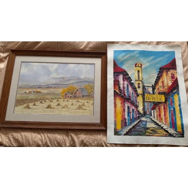 Framed Painting By Linda 92' (21x16) w/ Lovely Unframed  European Scene Painted By D. Toyanes 