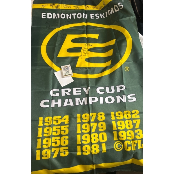 CFL Edmonton Eskimos Grey Cup Champions Autographed Flag & Team Cards RickyRae