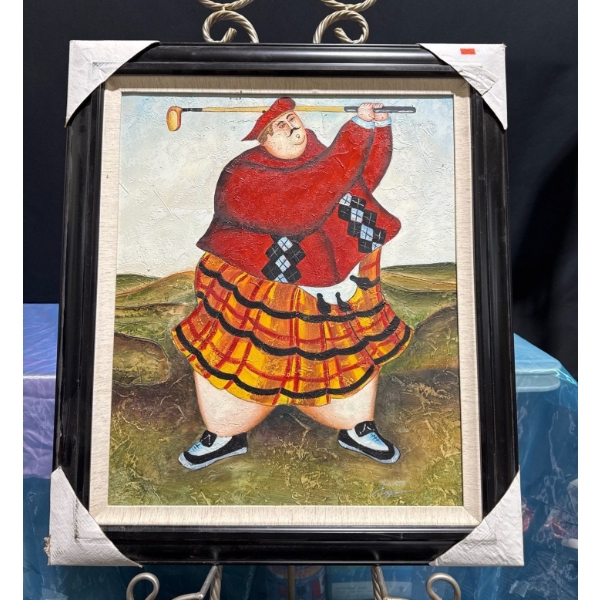 Illegible Signed Red Golfing Man 26Wx29.5H