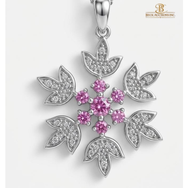 Pink Lab-Created Sapphire and 0.04 CT. T.W. Diamond Snowflake Pendant in Sterling Silver 2.92G