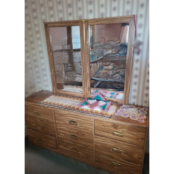 Dresser w/ 9 Drawers 63 W, 16 D, 30 T and Attached Mirror 44.5 X 38 