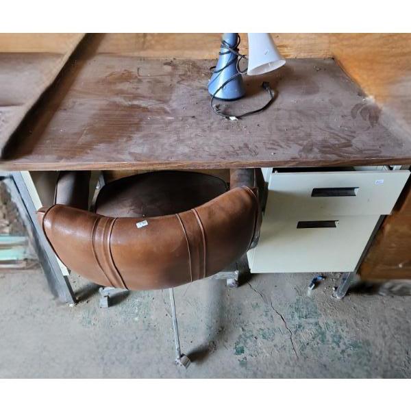 Garage Desk w/ 2 Drawers 45 W, 30 D, 29 T, Chair w/ Vinyl Seat 24 W, 19 D, 31 T, Ottlite Lamp 13 T