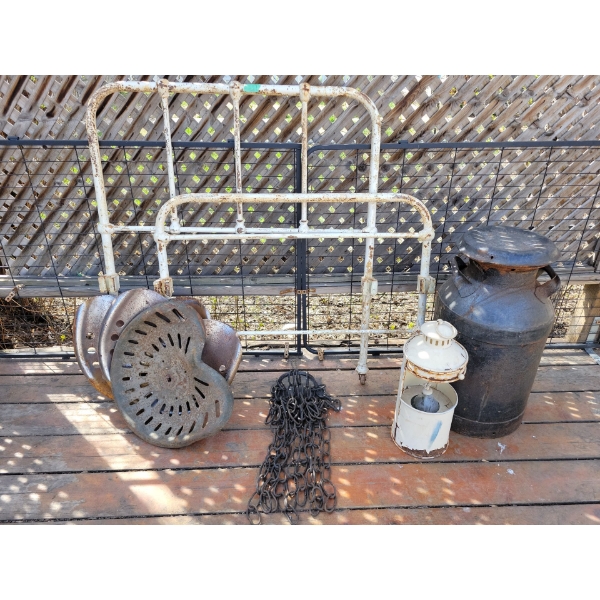 Antique Cast Iron Collection. Bed Frame, Milk Can, Tractor Seat and more.