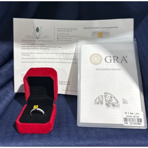 1ct Round Yellow Moissanite with 10 Cubic Zirconium Chips Set in Sterling Silver Ring