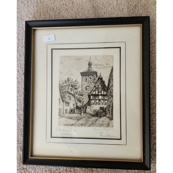 Rottenberg O Tauber, Germany Etching, Framed Under Glass 8.5 x 10 