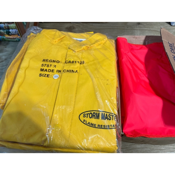 Storm master flame, resistant jacket and pants rain suit 5 in total with a box of orange tracking fl