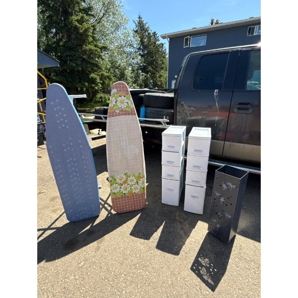 Ironing boards, decorative planter, storage bins