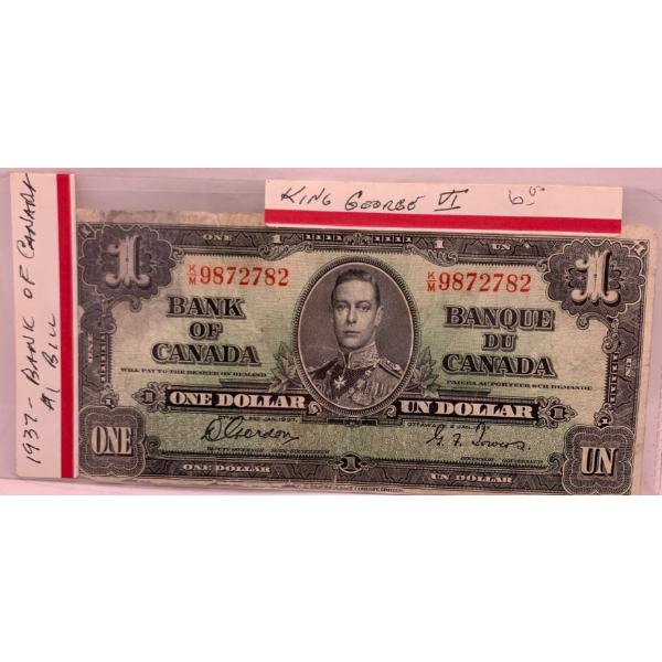 1937 Bank of Canada 1 Dollar Note SN K/M 9872782 Gordon Towers 