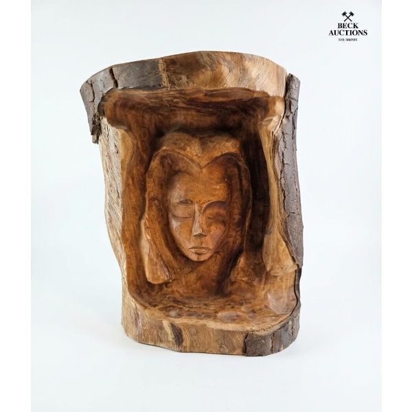 Hand-Carved Wood Sculpture Of A Face Featured In A Log 13''INCHES H, 11''INCHES W.