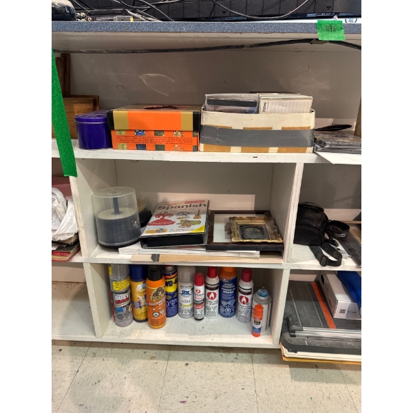 aerosol cans, CDs, origami deluxe book and gift set and Fisker paper cutter